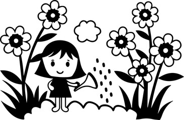 
Cartoon little girl watering flowers in a garden, SVG with clean lines.Cute cartoon girl watering flowers in a garden scene
