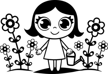 
Cartoon little girl watering flowers in a garden, SVG with clean lines.Cute Cartoon Girl with Flowers and Watering Can in Garden