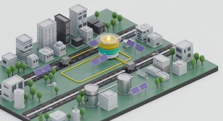 Isometric View of Sustainable Miniature City with Solar Panels and Modern Architecture