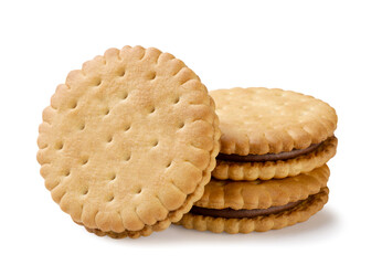 Circle of sandwich cookies with chocolate filling on a white background. Isolated