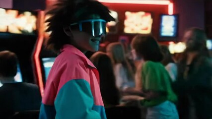 Smiling Young Teenager Enjoys Retro Arcade Gaming with Friends in Vibrant Neon Setting - Powered by Adobe