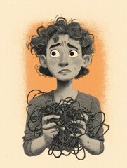 Stressed Individual Struggles With Tangled Wires in a Clay Illustration