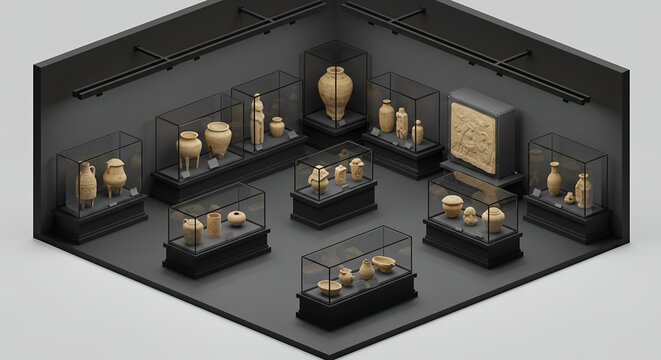 Isometric Voxel Art Museum Exhibition with Pottery Artifacts in Glass Cases