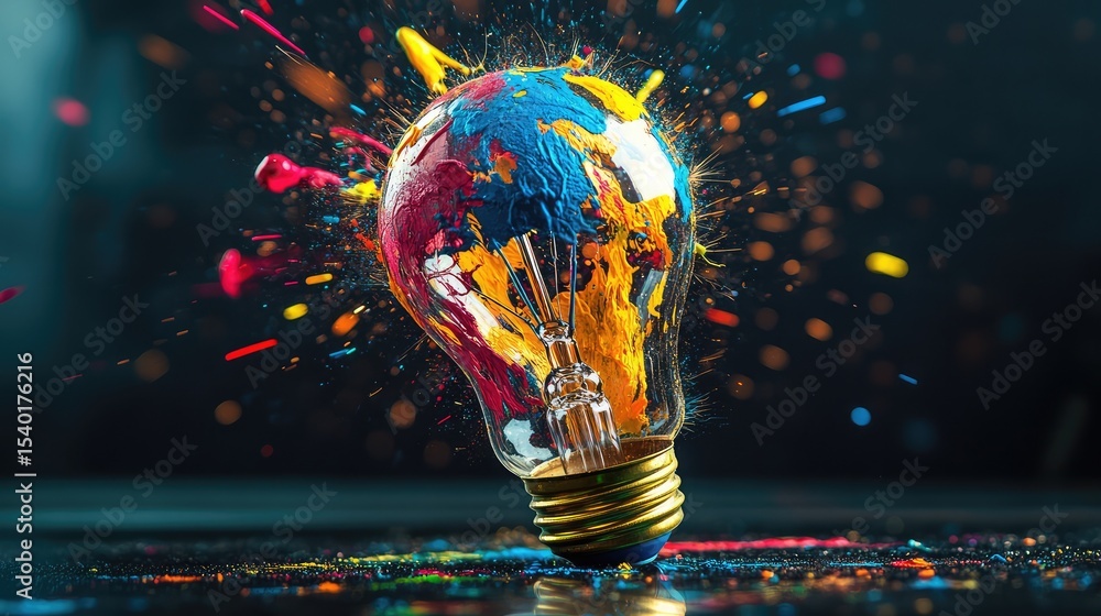 Poster vibrant light bulb with explosive splash of color representing creativity and innovation, ideal for 
