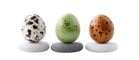 Three distinct speckled eggs resting on smooth stones, showcasing natural colors and textures