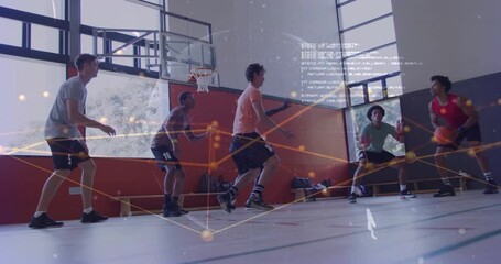 Six basketball players receiving coach pass and executing defensive slide drill testing jump shot - Powered by Adobe