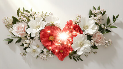 Beautiful heart shaped arrangement of flowers, featuring white roses, pink and red blooms, and delicate greenery, radiating warmth and love