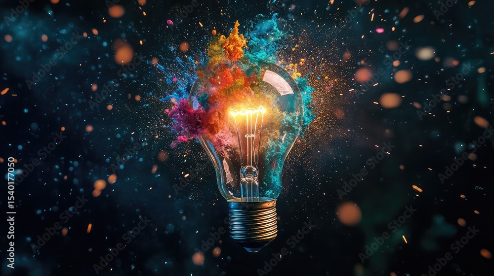 Poster vibrant explosion of color and light within a light bulb illuminating a dark, cosmic background with