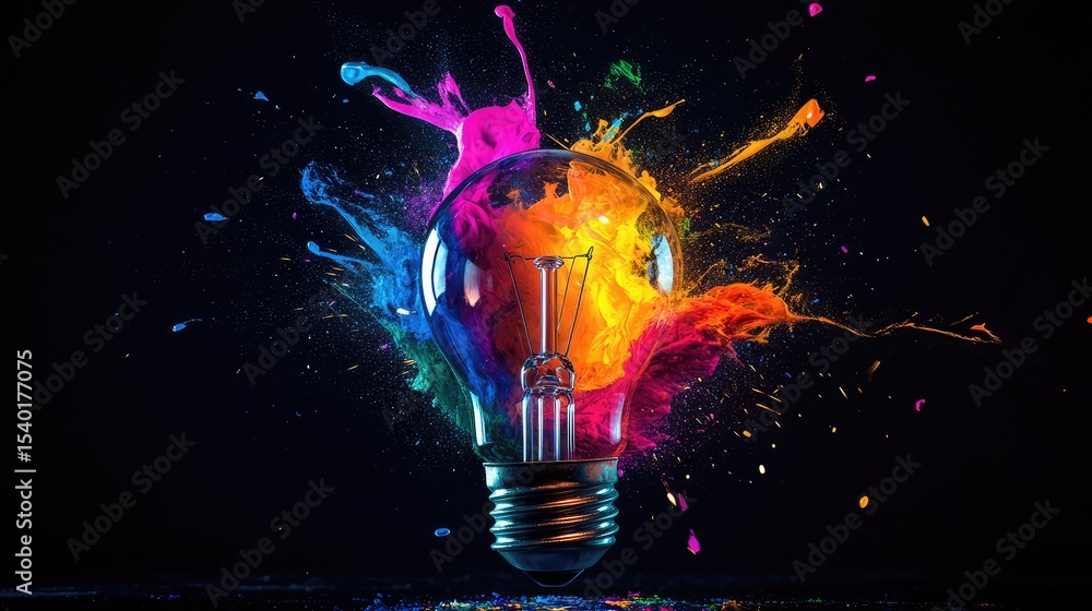 Poster vibrant explosion of color surrounding a light bulb capturing the essence of creativity and innovati