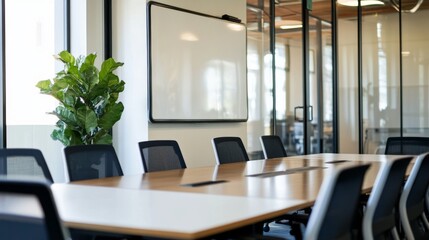 Modern corporate conference room with large whiteboard, potted green plant, sleek executive chairs, and bright natural lighting in a spacious business office interior




