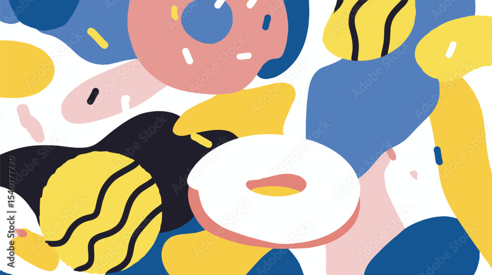 Poster colorful donuts float abstractly in geometric patterned background design