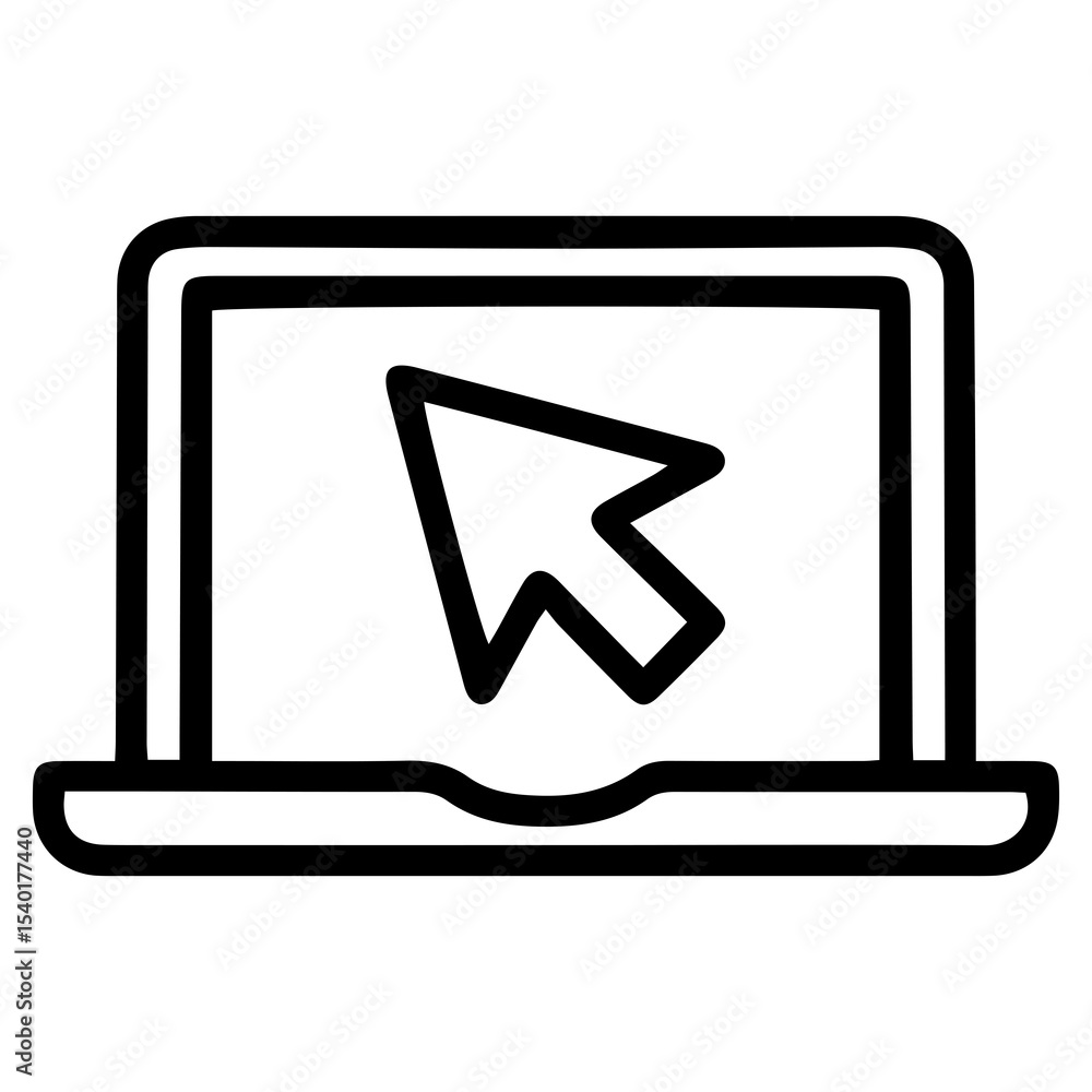 Poster outline style image depicts an open laptop with a large arrow-shaped cursor prominently displayed on