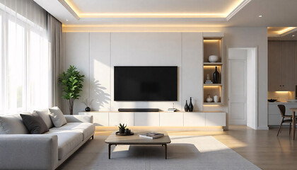 Fototapeta premium A modern living room with white color built-in Wall Paneling and tv cabinet. 