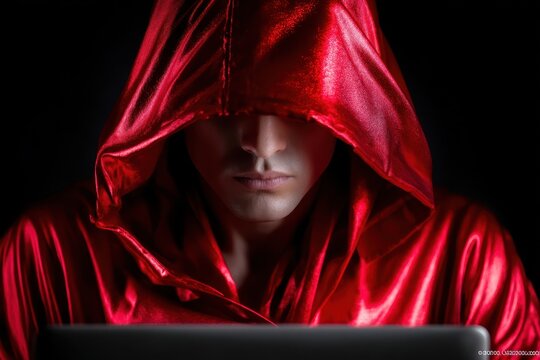 Mysterious figure in red hooded cloak focused on laptop in dark setting