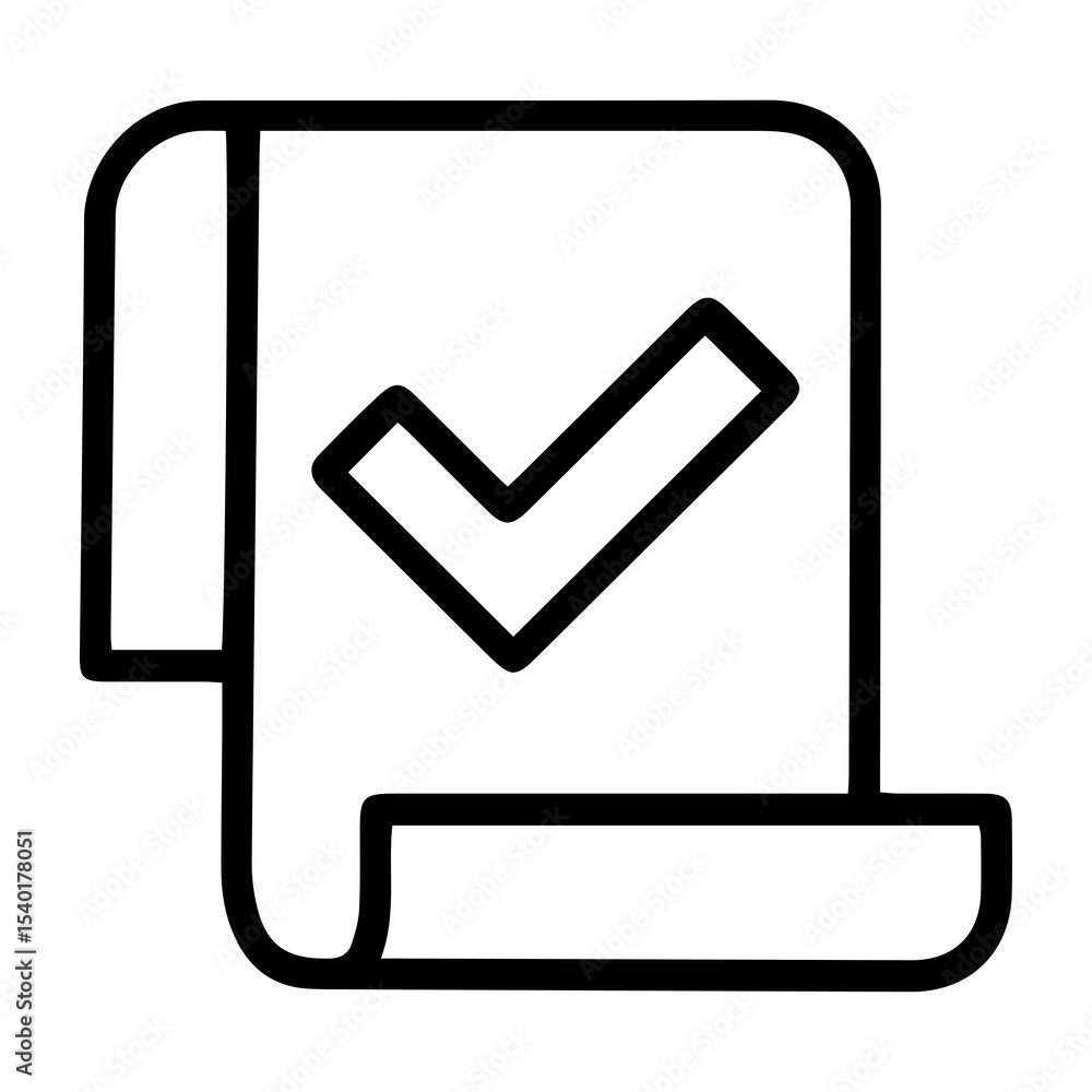 Poster outline style image depicts a scroll or document with a large checkmark symbol centrally placed, sig
