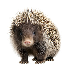 Close-up of a cute young brown prickly hedgehog, a small mammal, isolated on a white studio background