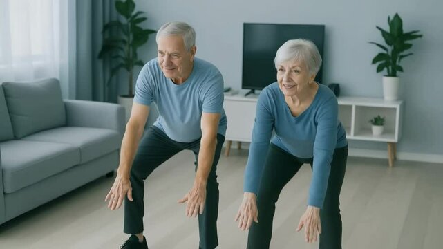 Senior couple doing home workout together in the living room, smiling and staying active for healthy aging &mdash; AI-generated