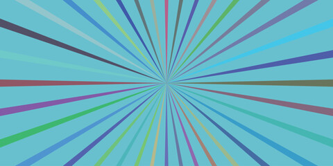 Abstract ray burst pattern in turquoise with multi-colored linear elements creating dynamic perspective and visual interest
