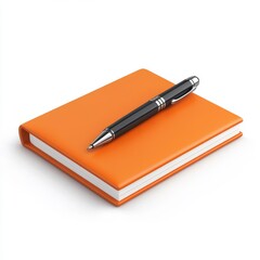 Orange Leather Notebook and Black Pen on White Background
