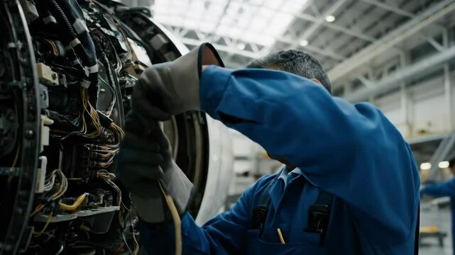 A Skilled Engineer Conducting Thorough Inspection and Repair on a Complex Aircraft Engine