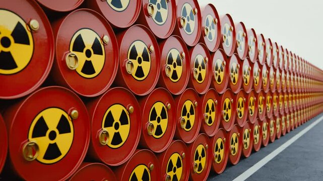 Row of Red Barrels with Hazard Symbols Indicating Radioactive Material Storage