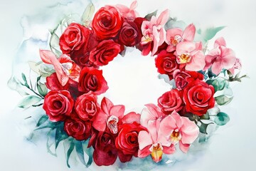 high definition visual of Watercolor wreath of red roses and orchid