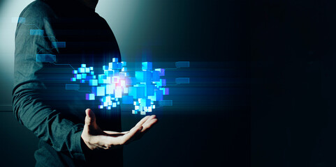hand of businessman interactive touching a holographic of transaction financial network data...