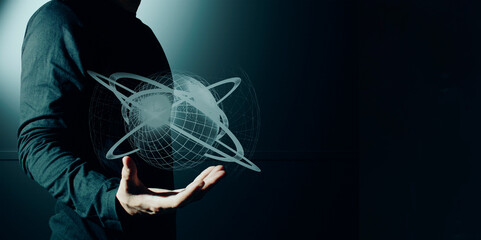 hand of businessman interactive touching a holographic of transaction financial network data...
