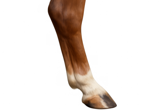 Chestnut horse leg displaying a hoof against a transparent background, perfect for seamless integration into various designs