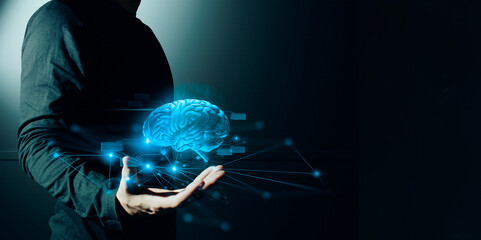hand of businessman interactive touching a holographic of transaction financial network data...