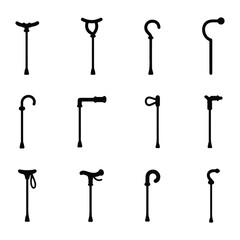 Silhouette of walking stick icons representing support tools for elderly and patients