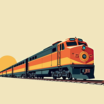 Vibrant retro illustration of a streamlined diesel passenger train on a cross-country journey, a classic flat design graphic for travel and Americana themes.
