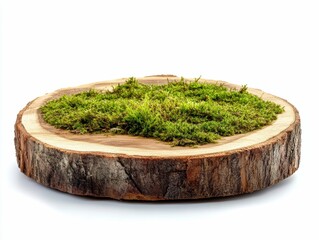 clear pixel picture of natural style. Wooden saw cut round podium with green moss isolated on a white background. Still life for the presentation of products. high detail 8k