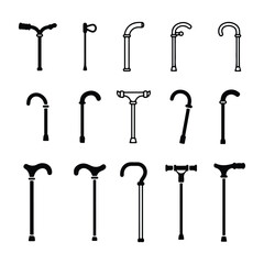 Vector illustration of traditional and ergonomic walking stick icons in silhouette style