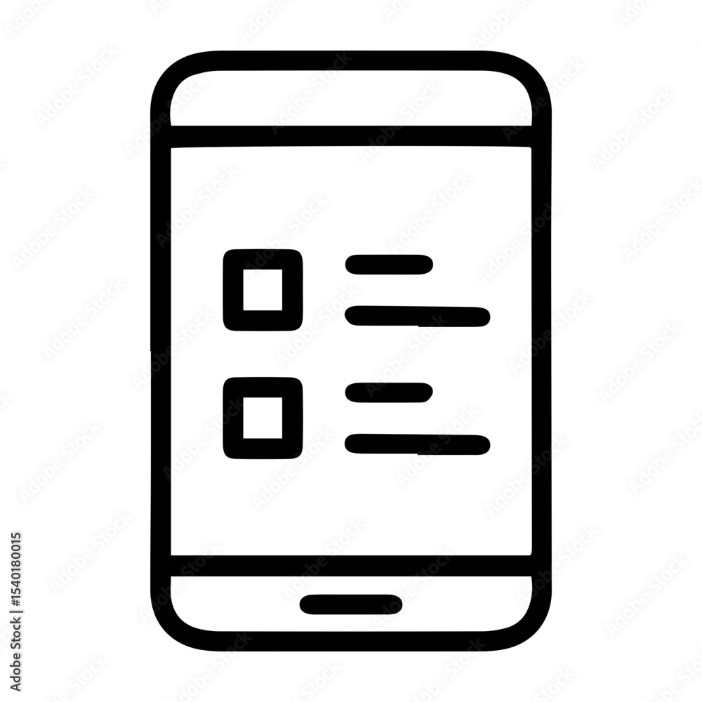 Aufkleber outline style image depicts a smartphone with a digital survey or questionnaire on its screen, showi