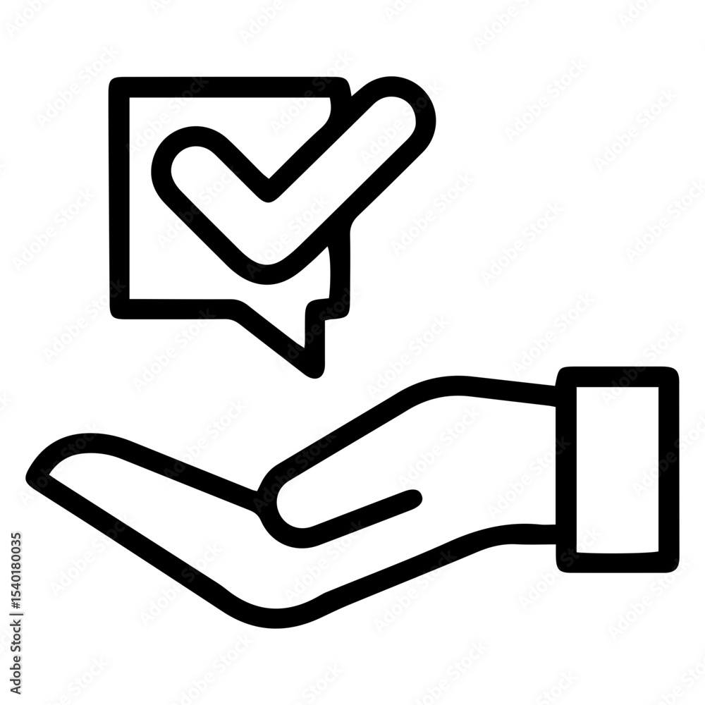 Poster outline style image depicts an open hand with a speech bubble containing a checkmark floating above 