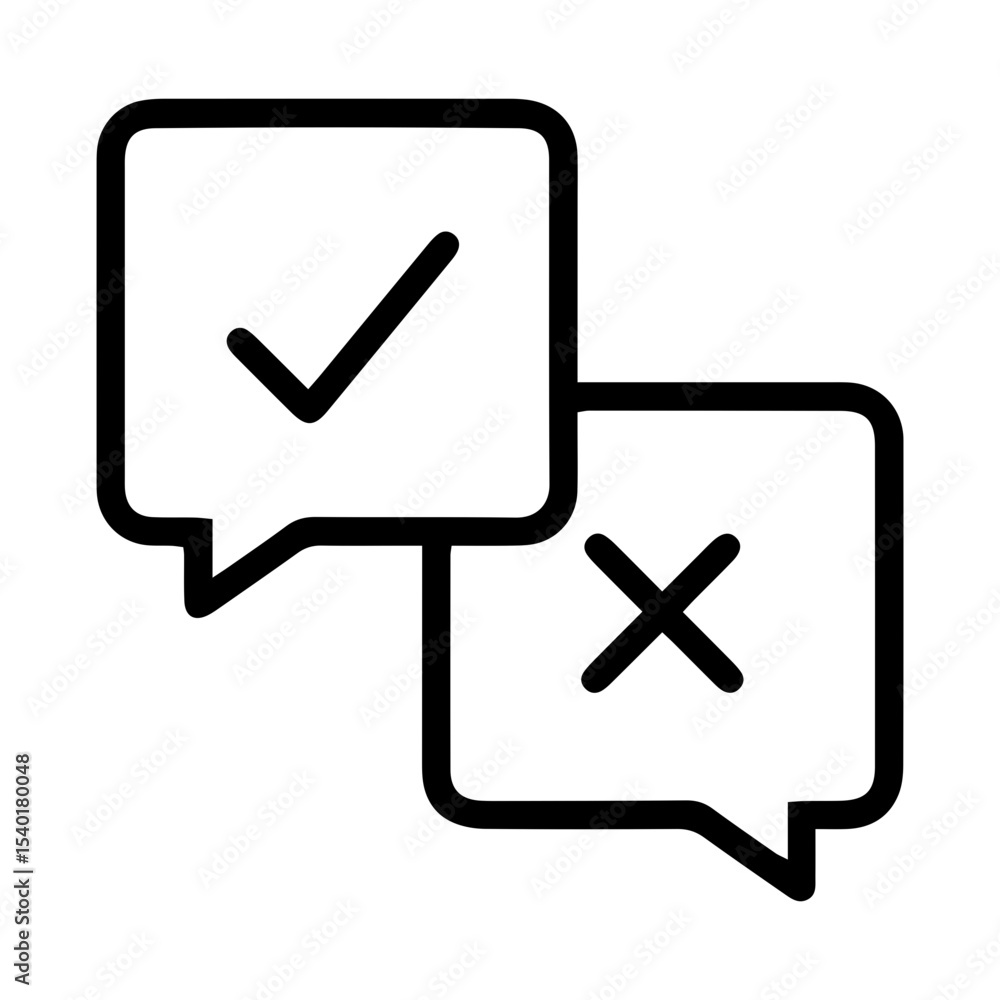 Poster outline style image depicts two overlapping speech bubbles, one having a checkmark and the other an 