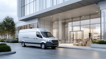 Delivery van parked outside a modern building during daylight hours