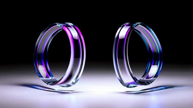 a seamless looping animation of two thick, curved transparent glass loops slowly rotating in opposite directions around their vertical axes