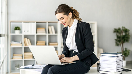 Fototapeta premium Smiling businesswoman works professionally on her laptop at an office desk