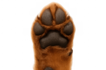 Close-up canine paw revealing textured fur-covered pads, isolated on clean transparent backdrop