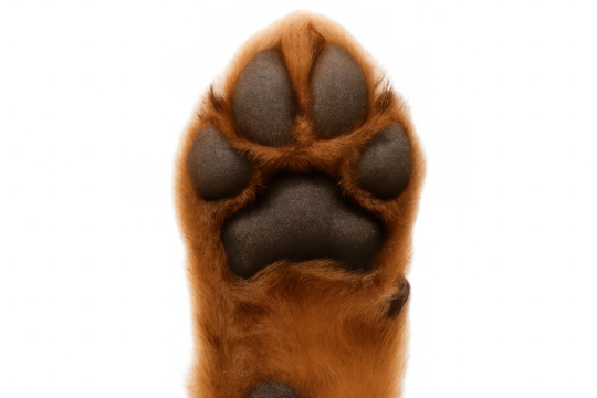 Close-up canine paw revealing textured fur-covered pads, isolated on clean transparent backdrop
