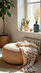 Fototapeta premium Cozy scandinavian living room with knitted blanket and wicker pouf near sunlit window