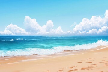 Fototapeta premium Seascape Sandy beach meets turquoise waves under a light blue sky with fluffy clouds