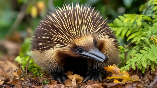 An echidna walks through a lush forest floor, surrounded by leaves.