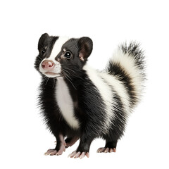 Fototapeta premium Close-up studio shot of a furry black and white cat or a brown ferret, an isolated domestic mammal on a white background looking at you