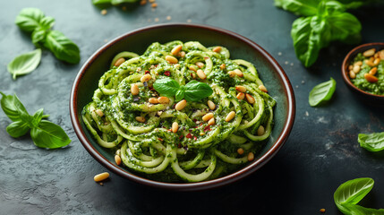 A plate of vibrant green squash spaghetti with pesto, garnished with pine nuts and fresh basil.