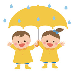 雨降りで傘をさした男の子と女の子