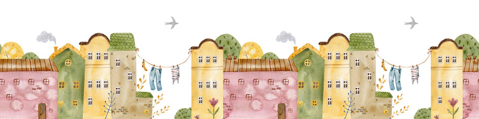 Cute seamless watercolor border pattern with colorful houses, trees, and clouds. rchitectural seamless border pattern. Ideal for children prints, nursery decor, fabric, and stationery.