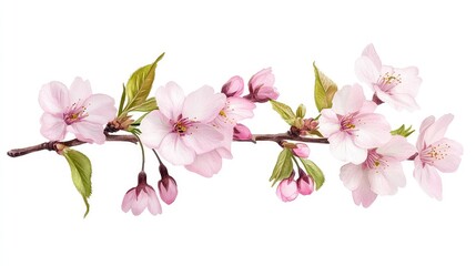 Obraz premium Delicate Cherry Blossom Branch with Soft Pink Flowers and Buds on a White Background Ideal for Spring Themes and Floral Designs in Various Artworks